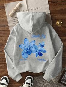 女士印花长袖抽绳连帽卫衣，带口袋，休闲宽松套头衫，时尚冬季服装，适合日常穿着 - 深花灰 - 查看 2