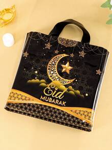 6个装大号开斋节塑料手提袋，星月图案可重复使用礼品袋/购物袋，黑色金色派对礼品袋，2026年斋月家居装饰，开斋节礼品包装袋，零售购物袋，小型企业用品，阿拉伯节日，伊斯兰节日 - 黑金 - 查看 2