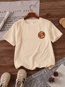 男童休闲简约T恤，可爱篮球图案，比赛日字母，酷炫时尚风格，圆领短袖T恤，夏季新款男童服装，儿童短袖上衣 - 杏色 - 查看 3