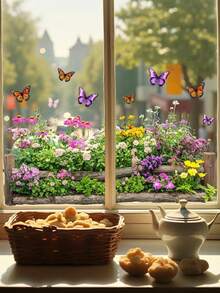 Garden Style Flower Pattern Butterfly Window Film Sticker, Rural Style Simulation Fence Flower Double Sided Window Clings, Removable Purple Floral Garden Window Decal Flower Window Clings, Collision Glass Doors Stickers For Kitchen Bedroom Living Room Home Office School Decor Party Supplies - Multicolor - View 9
