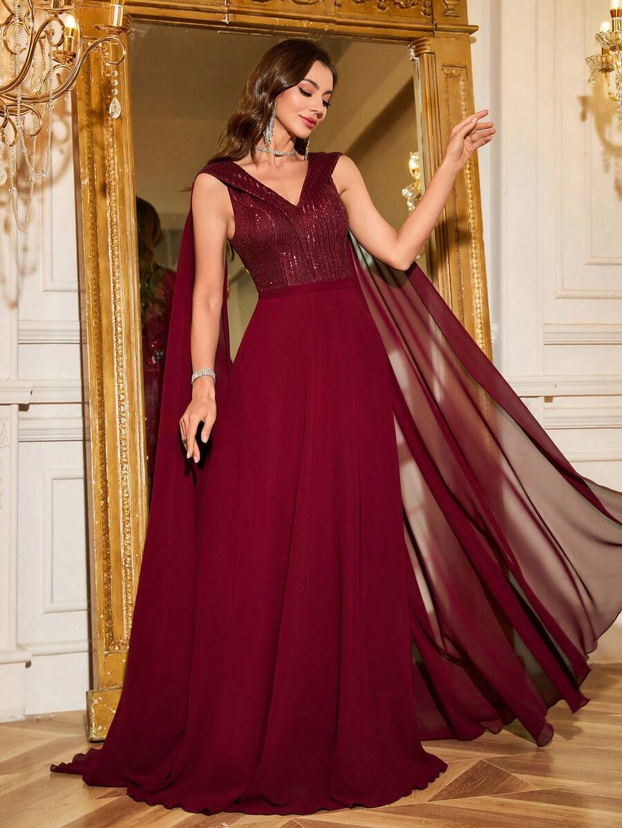 UNITHORSE 女士优雅V领飘逸拼接亮片雪纺气质长款礼服晚礼服 - 酒紅色 - 查看 1