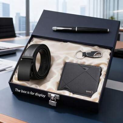 Set de 4 piezas de accesorios de negocios casuales para hombres, diseñado para hombres, incluye billetera, cinturón, portallaves, bolígrafo, práctico para uso diario y laboral, regalo ideal para usted o sus seres queridos en Navidad, cumpleaños, Día de San Valentín, aniversario y otras ocasiones