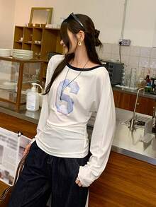 Printed Oblique Shoulder Long Sleeve T-Shirt For Women, Loose Fit & Slimming, Autumn/Winter - White - View 2