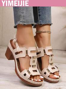 Neue Damen High Heel Sandalen, modische geometrische Muster Party & Urlaubs Sandalen, PU Leder Cut-Out-Muster Nieten Dekor Schnallen Design High Heel Sandalen, für Outdoor Frühling/Sommer - Weiss - Übersicht 6