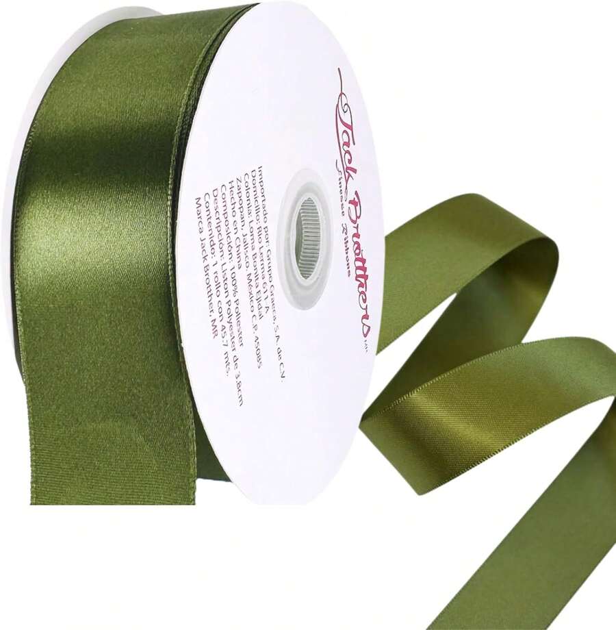 Rollo Listón De Tela Satinado 3.8cm Ancho y 45 Metros largo. Para Decoración, Envoltura De Regalo, Manualidades, Flores Eternas, Cinta Para El Cabello, Moños, Arreglos Florales, Ramos yás. MARCA JACK BROTTHERS (Verde Olivo) - Verde Oliva - Ver 1