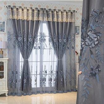 1pc European Style Premium Double-Layer Embroidered Curtain: 3D Floral Embroidery + Sheer Fabric Dual Effect, Light Filtering & Privacy Control, Suitable For Living Room & Bedroom Windows And Doors Decor