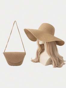 2 Peças Conjunto Mulher Boêmio Chapéu de Palha Cor Sólida + Bolsa Flip de Palha, Adequado para Primavera Praia, Praia, Passeio Diário, Traje de Moda Adequado para Férias Diárias, Viagens, Laço, Vibes de Férias de Natal, Relaxamento de Praia, Outono, Natal, Inverno, Presentes de Natal, Acessórios Quentes