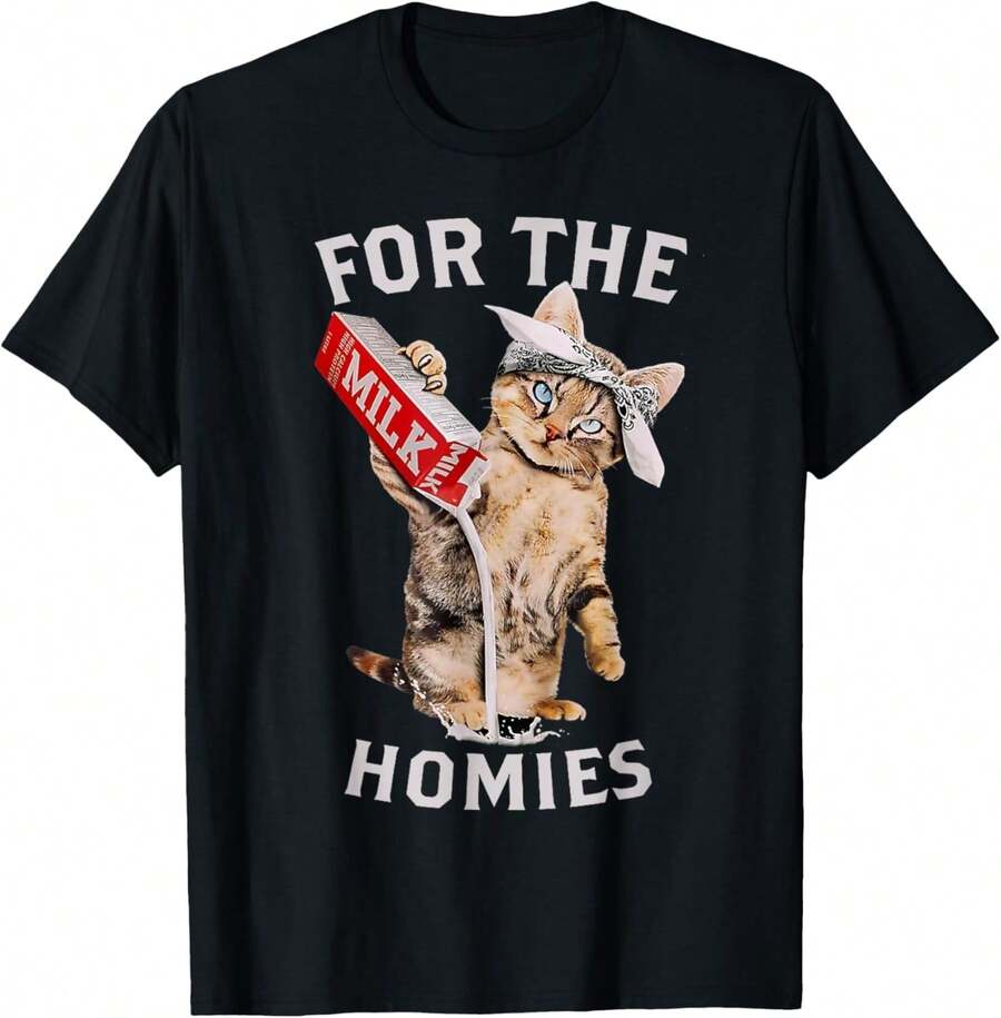 Milk Cat For The Homies & Funny Meme Cute Cat T-Shirt - màu đen - Xem 1