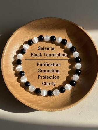 YAUKIA Pulsera de protección para empáticos - Pulsera de piedra de turmalina negra y selenita de 6 mm - Pulsera de cristales curativos, regalo de Navidad