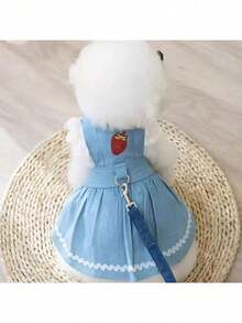 草莓蕾丝宠物裙背带牛仔吊带吉娃娃比熊夏季服装通用猫狗蓬蓬裙纽扣清凉服可爱拍照套装 - 白色 - 查看 4