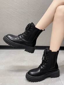 Giày bốt nữ màu đen buộc dây, cổ thấp co giãn, kiểu Chelsea mới, mùa thu, bốt cổ thấp & bốt ngắn, bốt buộc dây, mùa đông, mùa thu, bốt cổ thấp đế cao đa năng tiện dụng hàng ngày, thanh lịch - màu đen - Xem 4