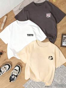 Bộ 3 áo thun ngắn tay cổ tròn in hình ô tô, cá chép và hoa anh đào Nhật Bản, kiểu dáng mùa hè mới, thời trang và đa năng dành cho nữ. - Trắng, xám đậm và mơ - Xem 2