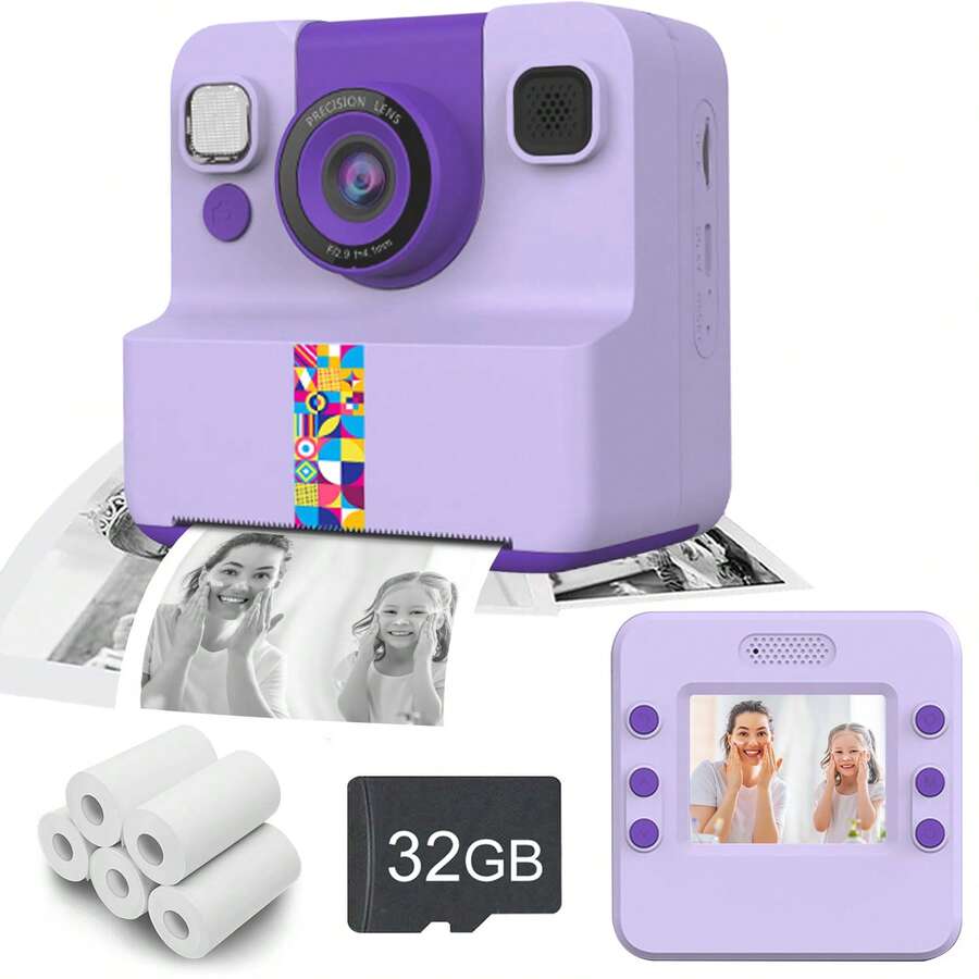 Kids Instant Print Camera, Digital Camera, Suitable For Birthday Gifts For Boys And Girls Aged 3-13+, 1080P HD Video, Dual Cameras (Front & Rear), HD Video Recording, Instant Print, With Zoom And Anti-Shake Function, Compact And Portable Design, Suitable For Travel, Family Photos And Outdoor Activities - Blue/Purple/White, Portable Camera (1300mAh Rechargeable Battery)