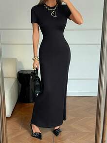 Vestido feminino de Natal 2025 | Vestido longo elegante para festas de inverno | Vestido maxi sereia vintage preto e dourado com gola redonda | Perfeito para o Ano Novo, encontros românticos, jantares formais e verão - Preto - Ver 4