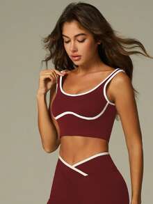 UONNOU Y2K Contrast Trim Gym Set | Butt-Lifting Leggings & Sports Bra - Burgundy - View 10