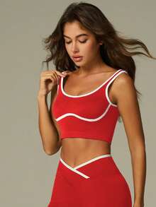 UONNOU Bộ đồ tập thể dục phối màu tương phản Y2K | Quần legging nâng mông và áo ngực thể thao - Đỏ - Xem 10