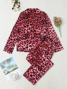 Leopard Print Women Long Sleeve & Pants Pajama Set - Hot Pink - View 9
