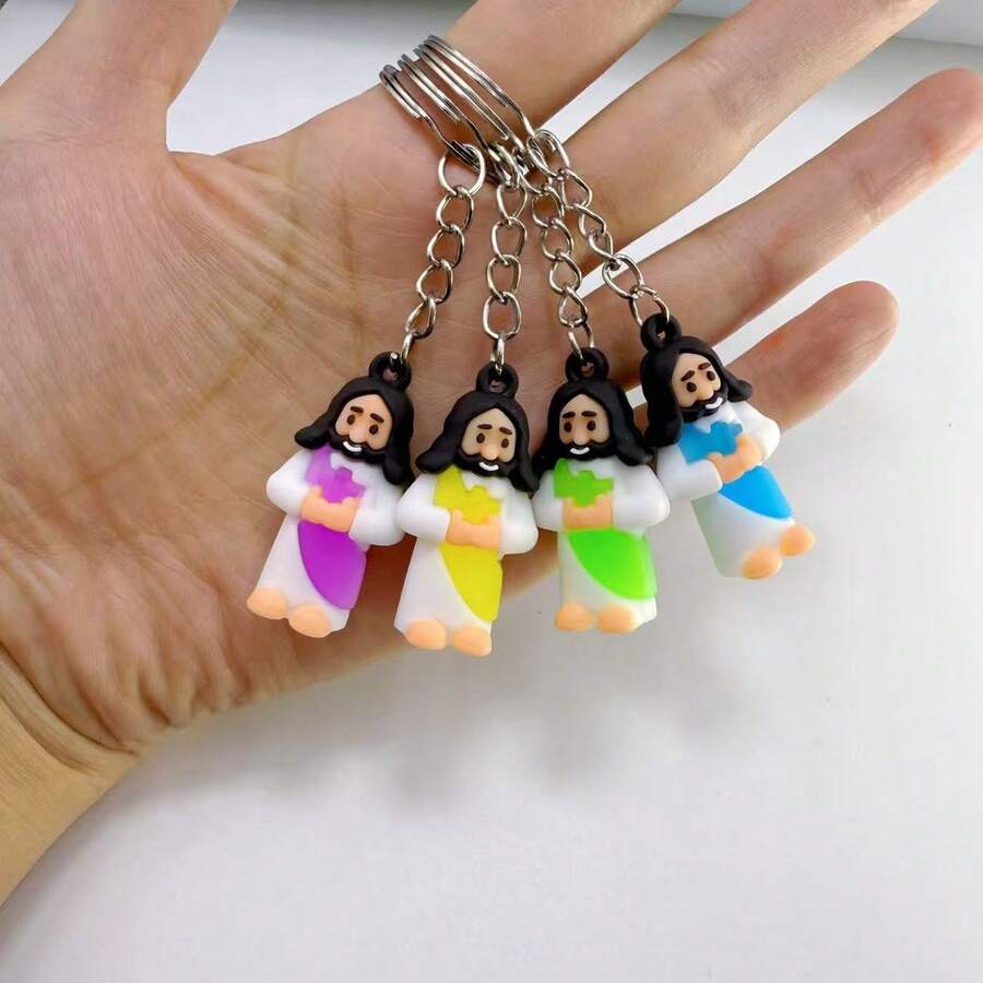 1个彩色卡通手十字架耶稣钥匙链吊坠，汽车钥匙链，情侣包包挂饰，防丢钥匙圈，日常携带配件 - 彩色 - 查看 1