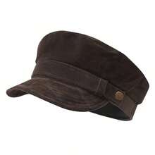 Vintage Octagonal Beret Hat Stylish Metal Buckle Belt Decorated Newsboy Cap Suede Captain Sailor Hat For Outdoor Daily Use - 棕色 - 查看 6