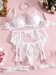2-Piece Women's Lingerie Set, Nightgown Set, Valentine's Day Sexy Lingerie Set, Christmas Lingerie Set. White Lace Mesh Floral Embroidery Thin See-Through Underwire Women's Sexy Lingerie Set, Suitable For Valentine's Day Private Parties Or Everyday Wear At Home. - 白色 - 查看 4