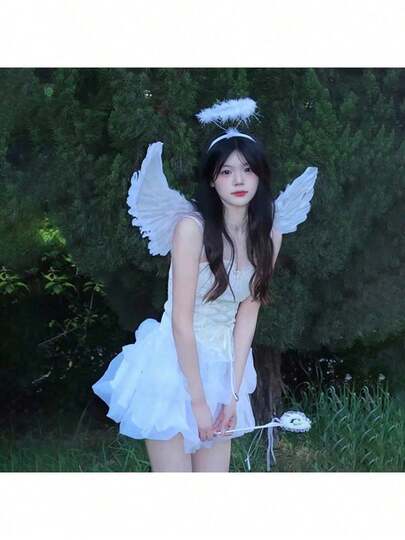 Creative Angel Feather Wings 3 PiecesSet, Handmade Artificial Feather Fairy Wings, Female Baton, And Halo Headband, Suitable For Angel Role-Playing, Holiday Parties, Costume Parties, Weddings, Halloween, Carnivals, Birthday Parties, And Stage Performances, It Is The Perfect Gift For Family And Friends