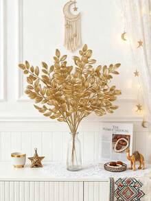 12pcs 11.8 Inch Artificial Gold Leaves Stems, Fake Plants, Gold Plastic Leaves, Faux Rose Leaves, Artificial Shrub Plants For Indoor Outdoor Home Hotel Party Wedding Decor, Tabletop Centerpieces, DIY Crafts, Thanksgiving Decorations, DIY Wreaths, Gifts, Birthday Decorations, Vase Fillers, Farmhouse Decor, Boho Wedding, Ramadan Decor, Valentine's Day Gifts - Gold - View 3
