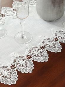 1pc Lace Trim Tablecloth, White Polyester Bamboo Fiber Fabric Dual-Tone Water-Soluble Hollow Lace Edge Dining Table Cloth, Suitable For Dining Table, Coffee Table, Everyday Home Furniture - White - View 5