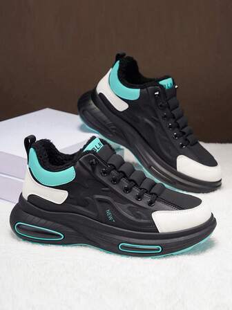 Men's Casual Sports Shoes, Autumn/Winter New Plush Lining Warm Shoes, Outdoor Fashion Versatile Sports Thick Sole Campus Student Shoes, Daily Commute Casual Walking Colorblock Casual Shoes With Elastic Band Design, Thermal Lined Winter Shoes