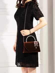 REMANLAND Lightweight Business Casual Crystal Decor Bucket Bag, Mini Drawstring Design, Transparent Faux Pearl Clutch, Evening Bag, Charming, Elegant And Refined, Understated Luxury, Crystal Embellished, Suitable For Party Girls, Ladies, Brides, Perfect Match For Party, Gala/Banquet, Christmas Party Dress, Coordinate With New Year Outfit, Ideal Accessory For Women's Party Dress, Wedding, Graduation Gown, Prom Dress - Brown - View 3