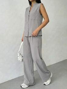 A&DD MODA,REF:Y287 - Women's Solid Color Two-Piece Set, Consisting Of A Sleeveless Vest And Loose-Fitting Trousers, With Upper Body Pockets And Elastic Waistband, Suitable For Daily Outings - Grey - View 5