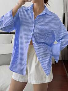 Look Polly Women's Valentine's Day Striped Long Sleeve Shirt, Single-Breasted Casual Fashion, Beach Style, Pocket Design, Back To School Outfit, Retro Beach Thanksgiving Christmas Shirt, Beach Fashion Women Blue Blouse Shirt - Sky Blue - View 6