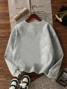 Retro Cartoon "CHILL DUDE" Printed Grey Crew Neck Sweatshirt, Casual Top, Plus Size Knit Sweatshirt, Crew Neck Long Sleeves, Ribbed Knit Details, Winter Lining, Women's Sweatshirt, Pullover, Plus Size Sweatshirt, Plus Size Women's Clothing, Autumn And Winter Season, Comfortable Plus Size Fit, Plus Size Autumn And Winter Clothing, Everyday Wear. - Light Grey - View 5