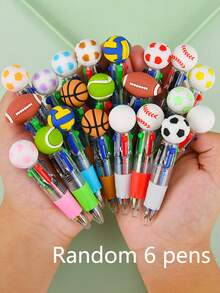 Set de 6 bolígrafos retráctiles de 4 colores con forma de balón deportivo de dibujos animados, bolígrafos neutros mini y lindos con forma de fútbol/baloncesto/rugby, escritura suave, adecuados para dibujar, tomar notas, planificador, regalo para niños - Multicolor - Ver 9