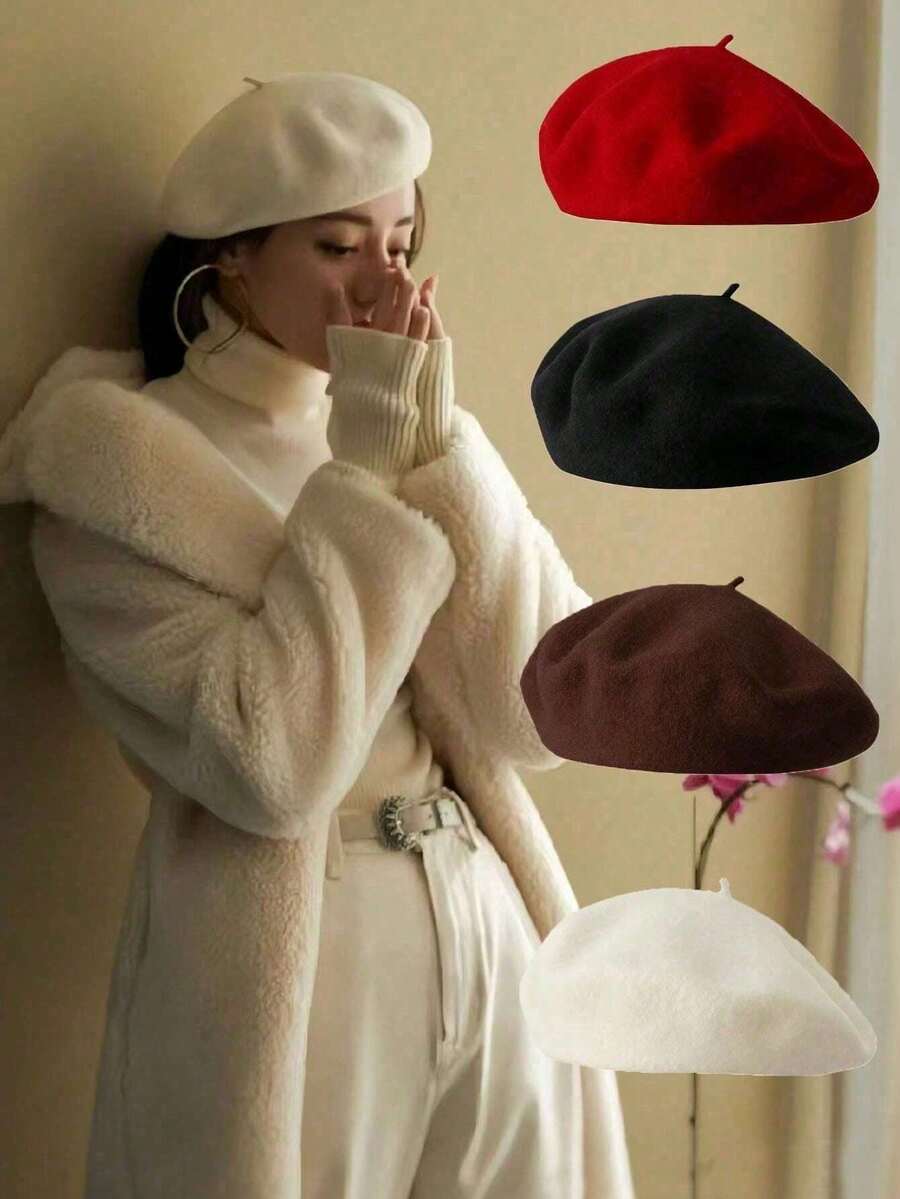 Boina feminina casual, respirável e confortável para uso externo no outono/inverno, formato retrô de abóbora, estilo coreano, boina japonesa casual de lã, cor sólida, ideal para o Halloween e decoração de Natal, versátil e moderna, ótima opção de presente para as festas de fim de ano. - Multicolorido - Ver 1