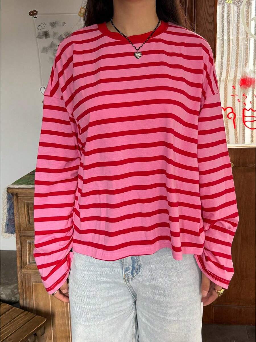 Womens Loose Tunic Tops Long Sleeve Round Neck Stripes Print T-Shirts Spring Fall Blouses - Red - View 1