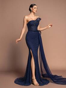 Women's Mermaid Party Dress, Decorated With Pearls, High Slit Design, Elegant One-Shoulder Sleeveless Style, Strapless Graceful Dress