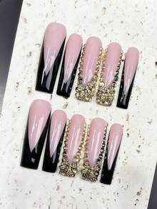 10Pcs Extra Long Square Press On Nails | Salon-Quality Handmade Nail Art With Black French Tip, Gold Bows & Champagne Glitter | Y2K Punk Western Style Acrylic Fake Nails For Daily Party Wear - 彩色 - 查看 4