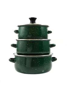 三件套多功能搪瓷炊具套装，轻便易携，包含汤锅、炖锅和带玻璃盖的不粘煎锅，易于清洁，适用于燃气灶和电磁炉，经久耐用，是家庭和餐饮业的厨房必备品，也是户外露营的理想之选。 - 多色麻點搪瓷鍋 - 查看 6