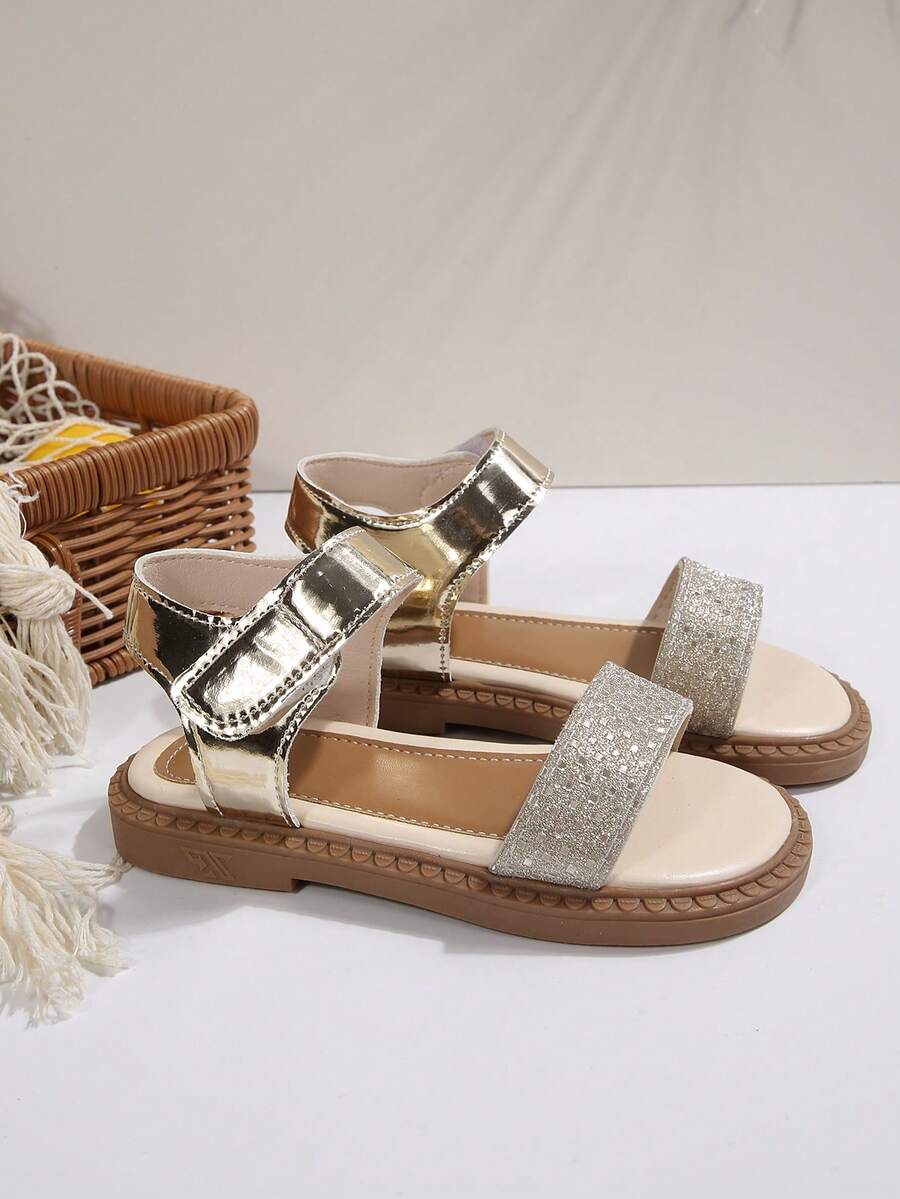 Girls' Shiny Glitter Strap Open Toe Flat Sandals, Non-Slip Sweet Style, Gold PU With Sequins, Fashion Princess Design For Summer, Beach, Travel, Daily Wear - Gold - View 1