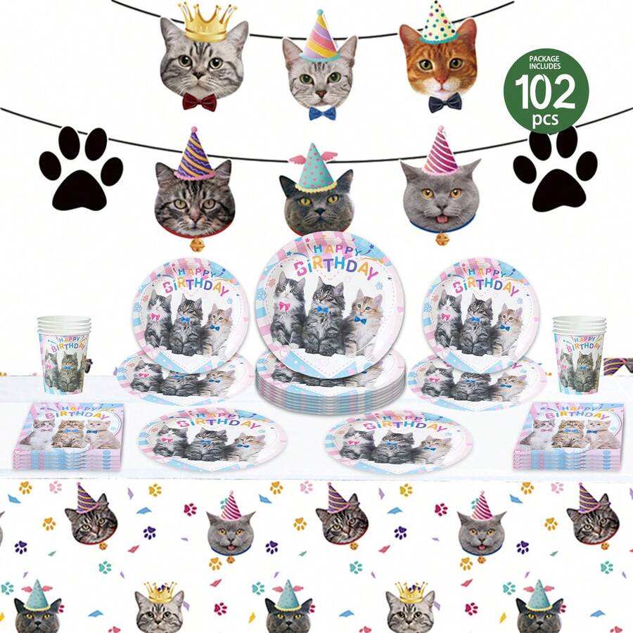 102/25/10/1pc Cute Cat Paw Print Disposable Plates, Napkins, Cups, Tablecloth And Bunting, Party Supplies, Suitable For 25 Guests, Disposable Paper Plates Party Tableware For Birthday, Wedding, Theme Party, Family Picnic - Multicolor - View 1