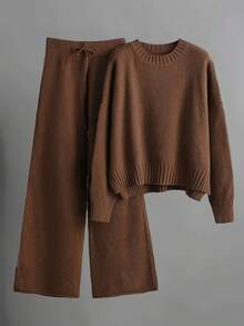 2pcs/Set Solid Color Crew Neck Long Sleeve Top And Pants Casual Outfit Fall Winter Cloth For Women Women'S Oversized Round Neck Sweater & Wide-Leg Pants Two-Piece Set - Soft Beige Casual Elegant Outfit, Drop Shoulder Long Sleeve Pullover With Ribbed Texture, Loose Fit Trousers Fall Winter Warmth, Cozy Everyday To Semi-Formal Wear, Sweaters Women, Sweater Dresses Women, Sweater Set Women Conjunto De Mujer Conjuntos Mujer Two Piece Set Women Buscar Christmas Outfit Women Winter Clothes For Women Vestido De Mujer Conjuntos Elegantes De Mujer Conjuntos Elegantes Winter Clothes For Women Christmas Outfit Women New Years Outfit Women Vacation Outfits Women Ropa De Invierno Mujer Dresses For Women Elegant Christmas Outfit - 咖啡棕 - 查看 1