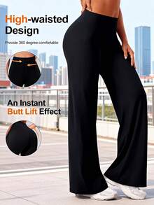 女士极简高腰通勤阔腿裤，性感休闲运动直筒裤，提臀喇叭裤，修身瑜伽紧身裤，弹力运动裤，适合春、夏、秋季穿着，日常穿着及健身 - 黑色 - 查看 4