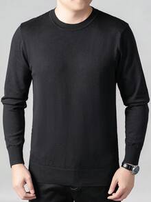 1 pieza Suéter de punto de cuello redondo de manga larga, casual y versátil, de estilo minimalista para hombre - Negro - Ver 3