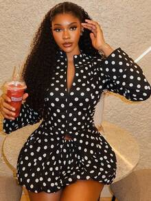 Fashion Women's Clothing Waist White Polka Dot Pleated Skirt Set Long Sleeve Cardigan Zipper Top Short Skirt Two-Piece Set - 黑色 - 查看 1