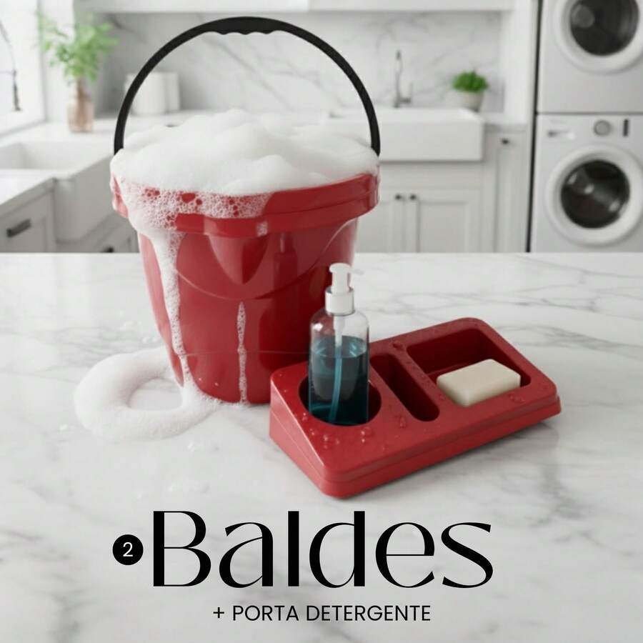 7.5 Liter Cleaning Bucket Set + Dish Soap Dispenser Sink Organizer For Home Use - 2 Buckets + 1 Red Detergent Dispenser - View 1