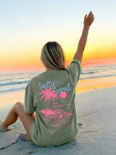 SALTY SOUL Women's Spring/Summer New Beach Vacation Coconut Tree & Sunshine Print Casual Round Neck Short Sleeve T-Shirt, Fashionable, Essential Daily Vacation T-Shirt