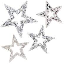 4 piezas/8 piezas Parches de estrella hueca con aplicación de cristal de imitación, parches brillantes de estrella caliente con cristal para reparación de ropa, jeans, bolsos, sombreros y accesorios DIY - Plateado - Ver 3