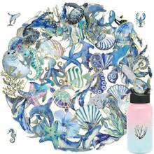 50张海洋生物主题烫印贴纸，适用于笔记本电脑、水瓶、行李箱、日记本等，防水涂鸦PET材质，可粘贴于各种物品上。 - 彩色 - 查看 6