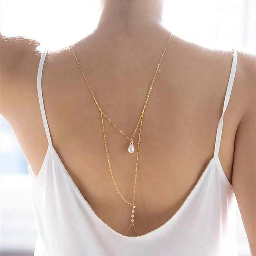 Sexy Waist Chain Accessory, Back Chain, Women's Pearl Bridal Body Chain, Teardrop Pendant, Elegant Crystal Waist Chain, Back Chain - Multicolor - View 1