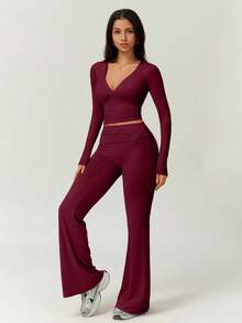 NcmRyu 1 Set Women Seamless Comfortable Fitness Exercise Running Outdoor Christmas Long Sleeve Top And Pants Sports Suit - Burgundy - View 10